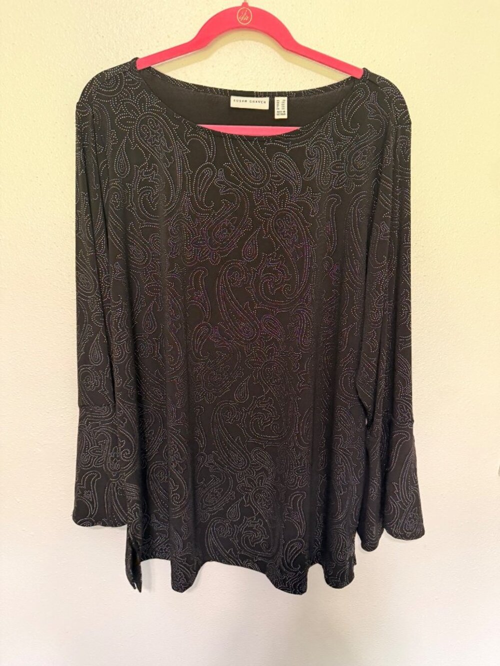 Susan Graver Top Black With Silver Beaded Paisley Bell Sleeves Womans 2X